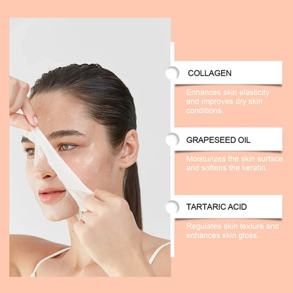 Hydro collagen gel mask in hydrogel sheet format with collagen and grape seed oil ingredients