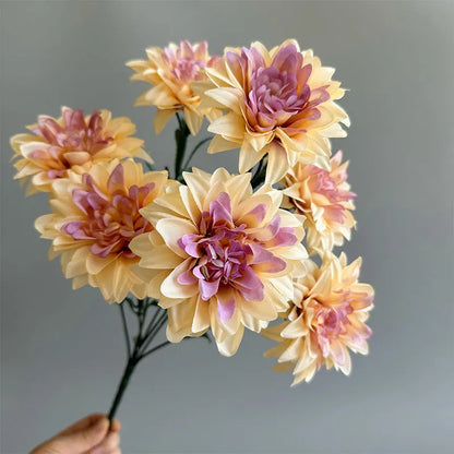 Desktop fan-shaped display holding artificial silk flowers in rose and peony varieties with colourful petals