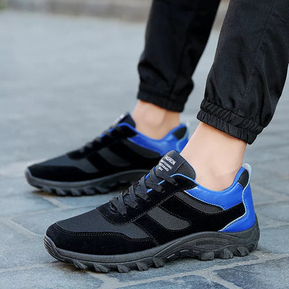 Korean leisure shoes for men in black, red, and blue, ideal for sports and hiking