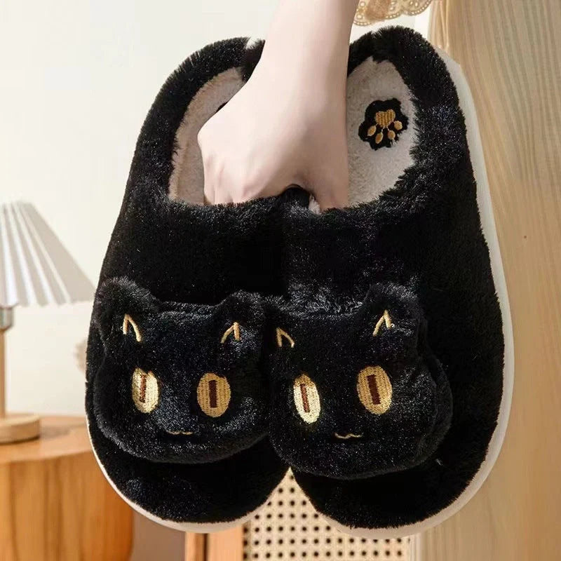Cotton cat slippers with memory foam insole in black, white, gray, and pink