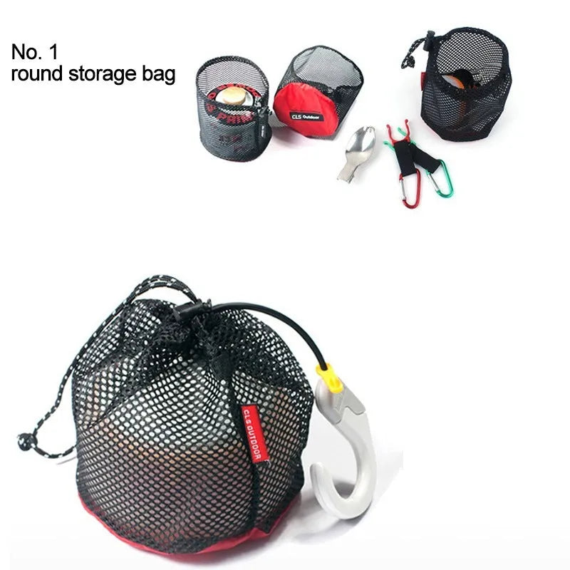 Red five-piece outdoor travel storage bag set with zipper closures and mesh sections