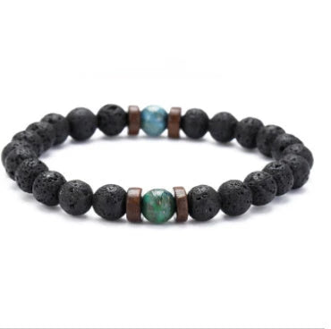 A stylish and durable men's bracelet made with volcanic stone, flash stone, and wood chips