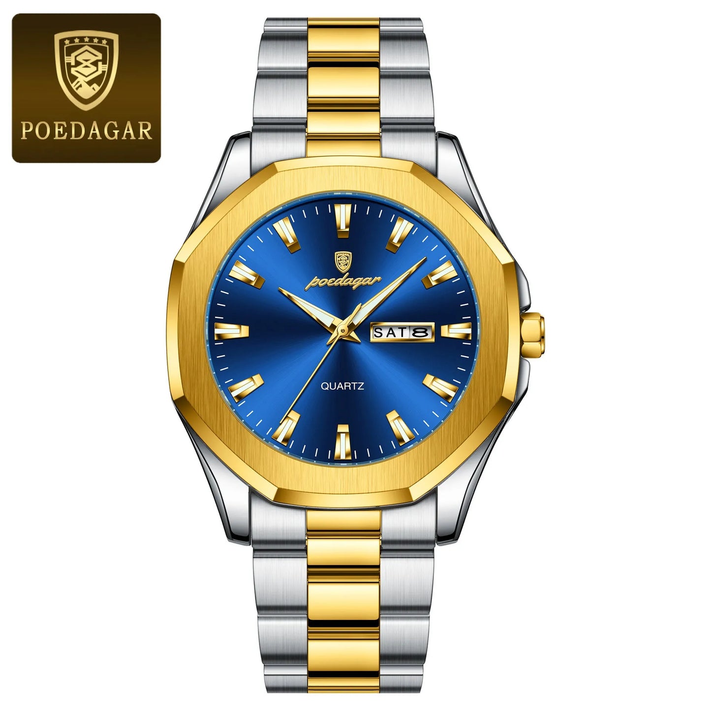 Men's steel strap quartz watch with 9mm thick case in a business style, showing colour options.
