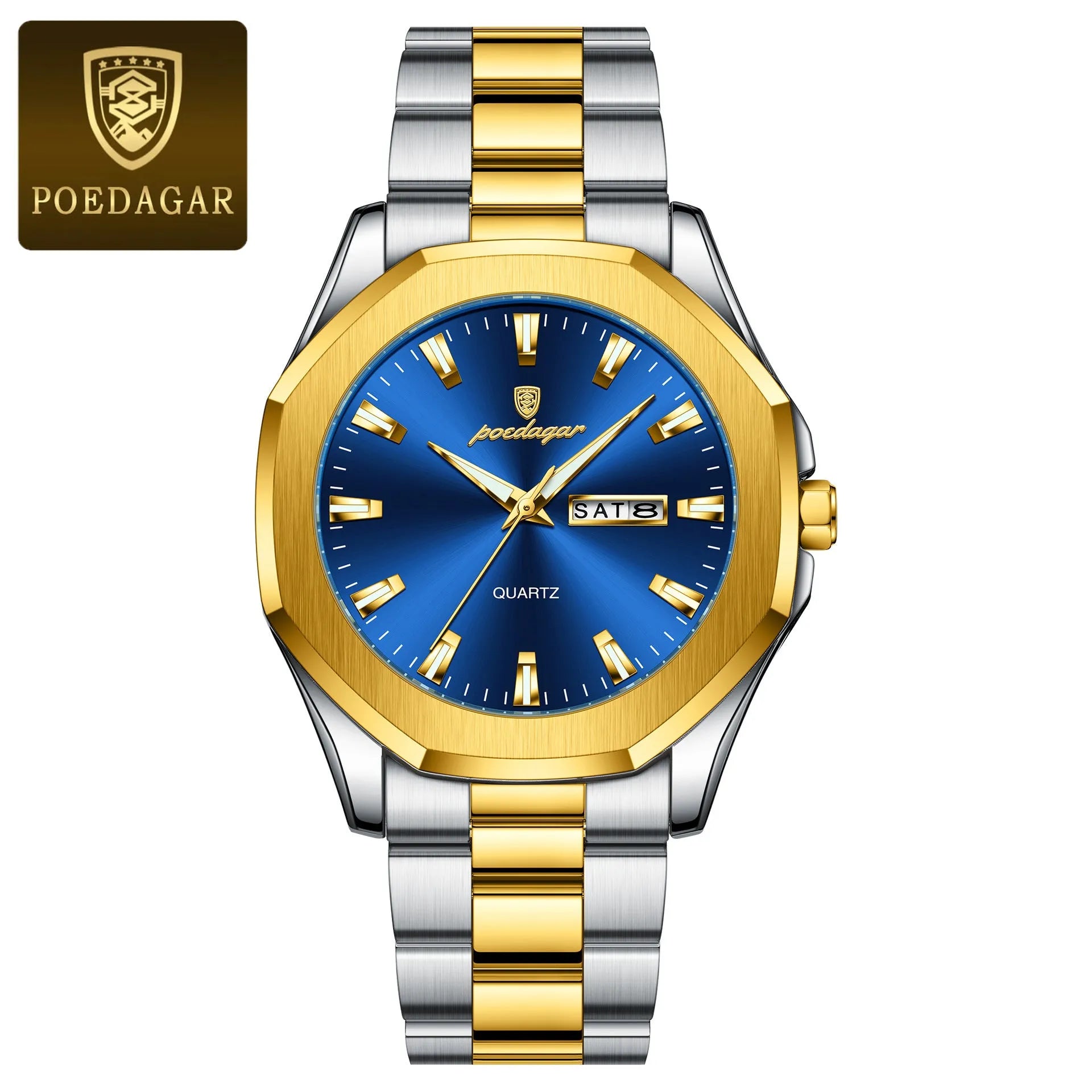 Men's steel strap quartz watch with 9mm thick case in a business style, showing colour options.