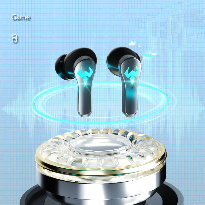 Black in-ear wireless Bluetooth headphones with earplugs for sports and calls on a grey background.