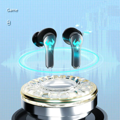 Black in-ear wireless Bluetooth headphones with earplugs for sports and calls on a grey background.