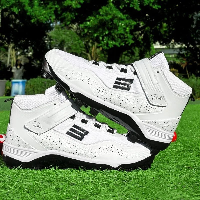 Adult Non-Slip Professional Sneakers for Daily Training and Softball on Grass Pitches, Mid-Top Height Baseball Shoes with Wear-Resistant Rubber Outsole and Velcro Closure in Black or White