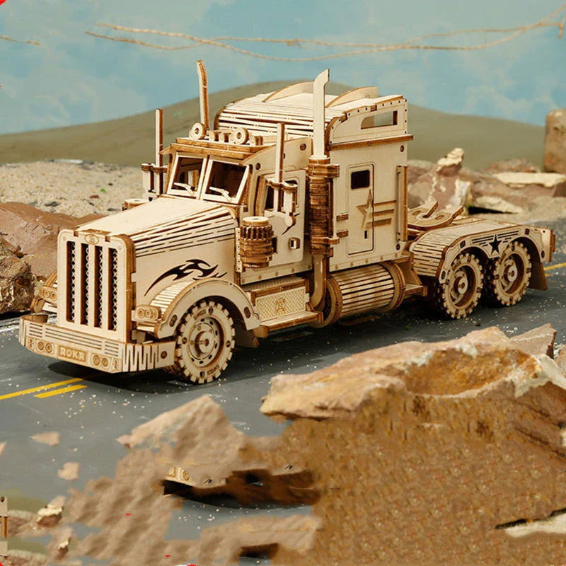 Premium model wooden train kit with 308 precision-cut wooden pieces for a rewarding DIY assembly project