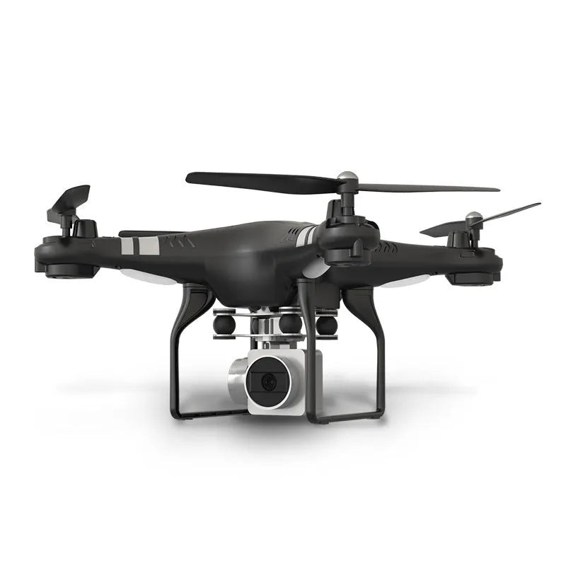 Alloy-built black HD aerial photography drone with remote control handle on grass
