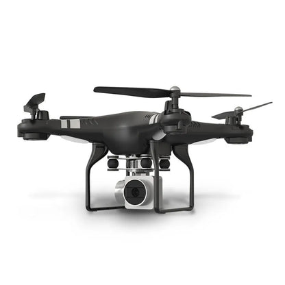 Alloy-built black HD aerial photography drone with remote control handle on grass
