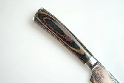 Professional chef knife with laser-etched Damascus pattern on 7Cr17 steel blade and coloured wood handle.