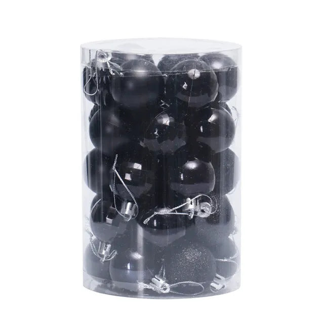 Assortment of 34 round 4cm plastic Christmas baubles in gold, silver, red, blue, and other colours.