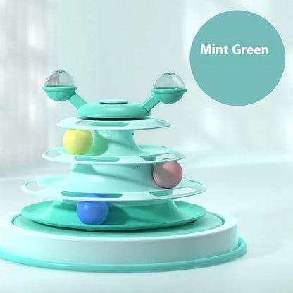 Four-level cat toy turntable tower with roller balls and 360-degree top ball in PP