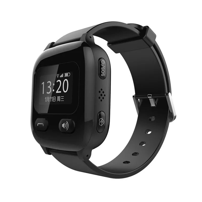 Black smart positioning watch for elderly monitoring with wrist strap and SOS functionality