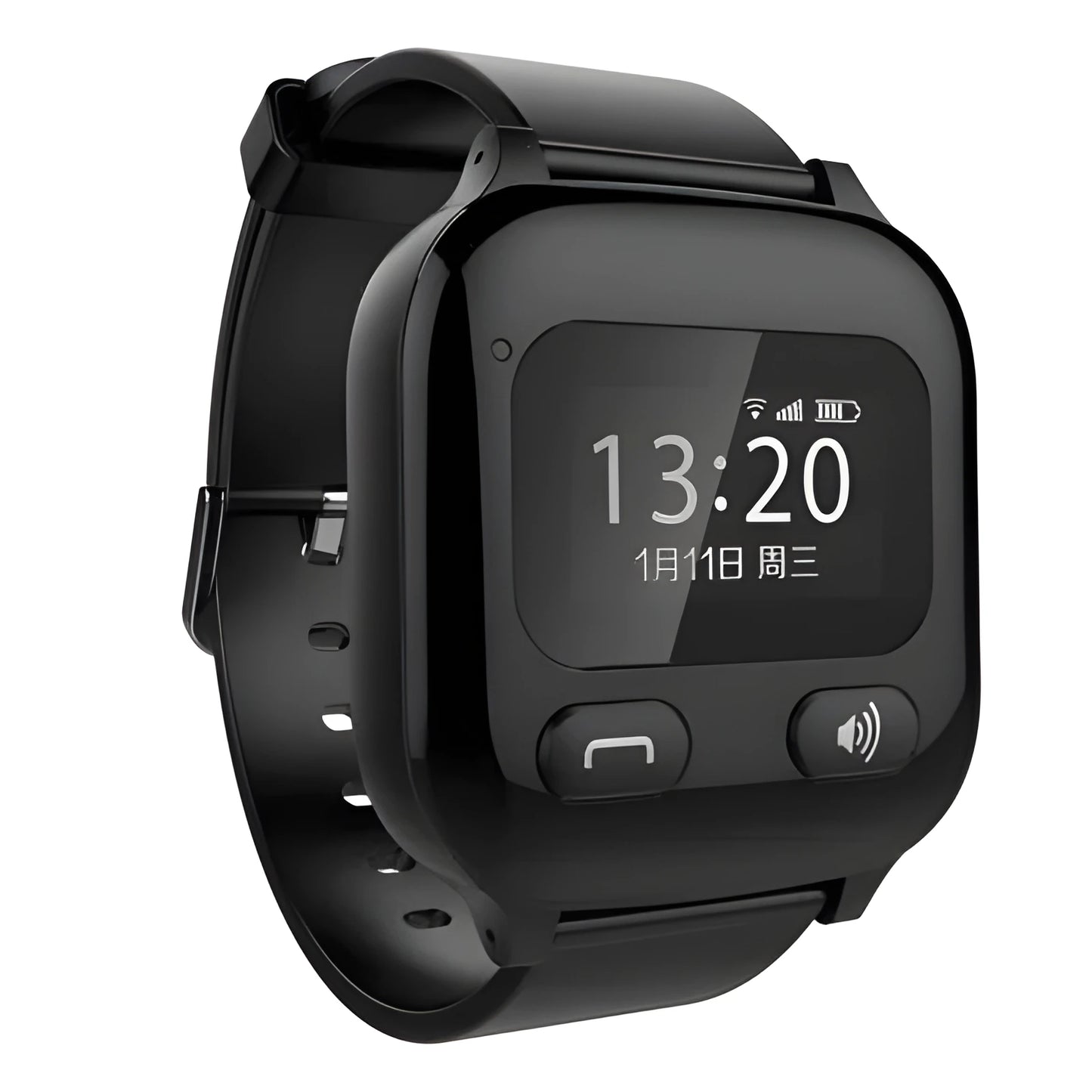 Black smart positioning watch for elderly monitoring with wrist strap and SOS functionality