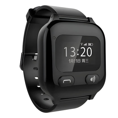 Black smart positioning watch for elderly monitoring with wrist strap and SOS functionality