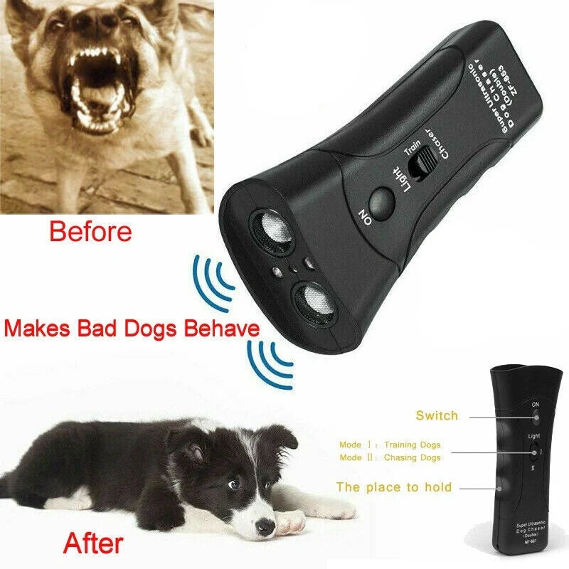 3-in-1 Anti Barking Dog Training Device with ultrasonic repeller and LED flashlight features