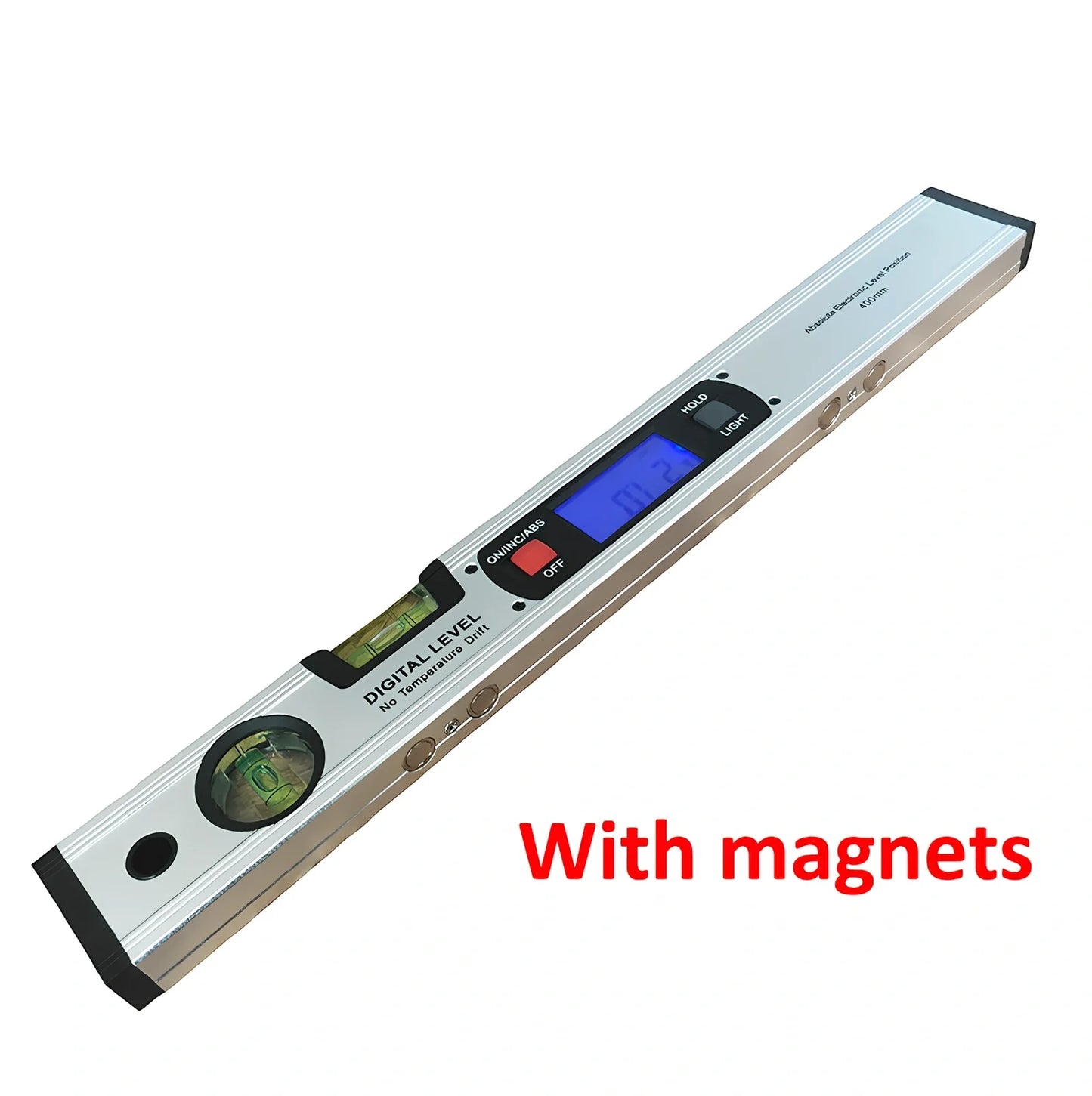 Digital magnetic angle meter with 400mm ruler length showing flip-up LCD display and four built-in magnets on base