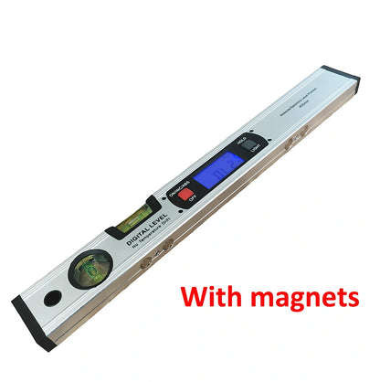 Digital magnetic angle meter with 400mm ruler length showing flip-up LCD display and four built-in magnets on base