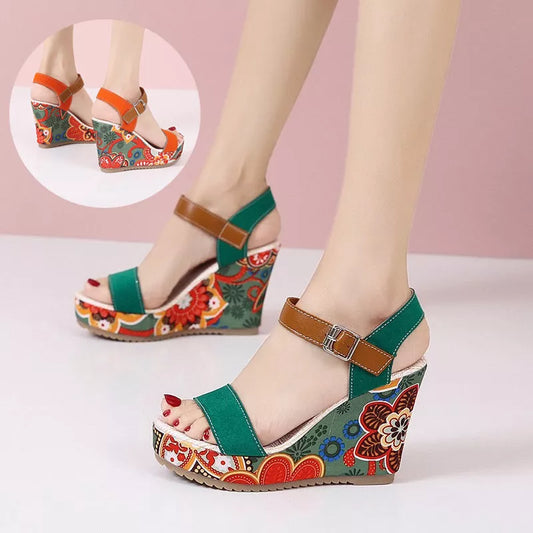 Women's floral embroidered high wedge sandals in black, green, and orange