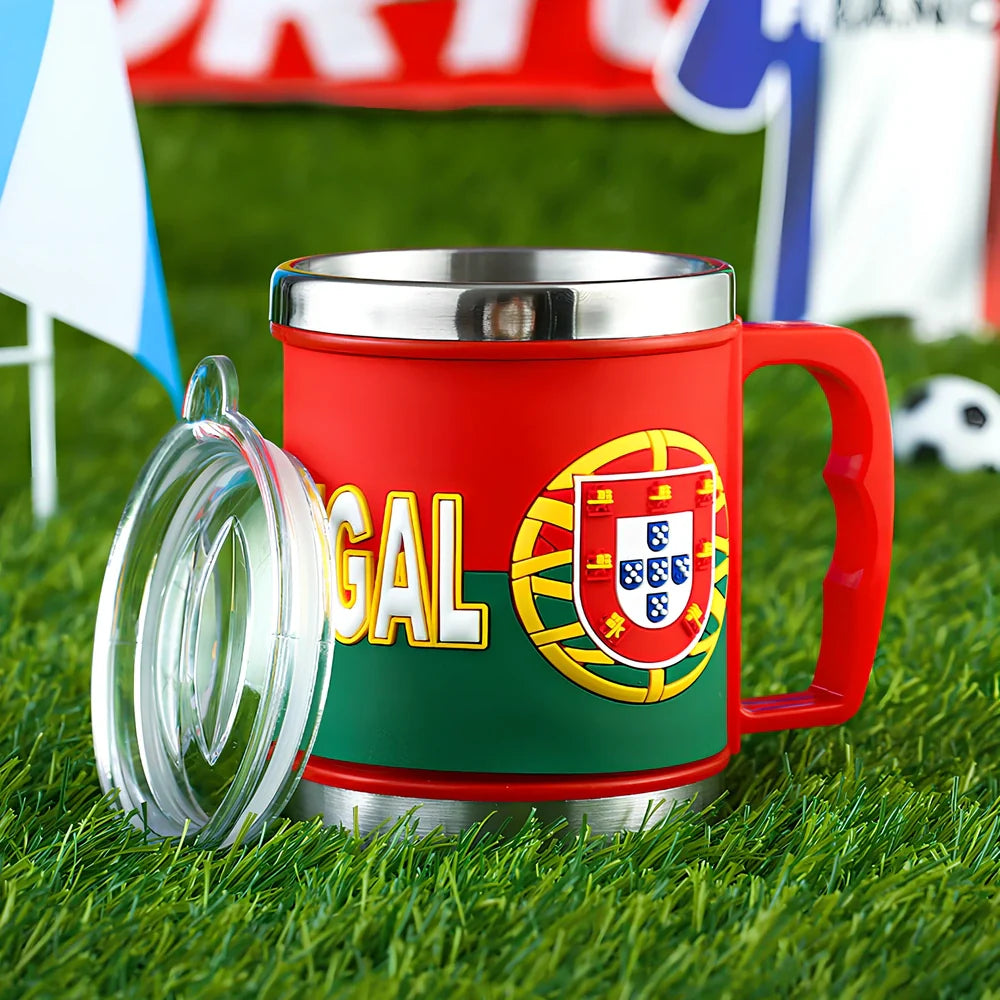 World Cup football mug with 7.6cm diameter and 10.5cm height in team colours