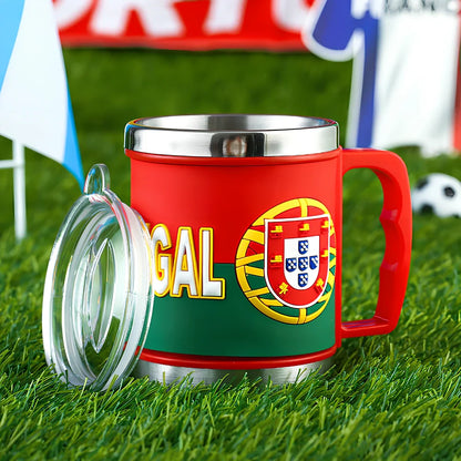 World Cup football mug with 7.6cm diameter and 10.5cm height in team colours