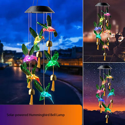 Color-changing solar-powered outdoor wind chime with hummingbird and butterfly design for patio, yard, and garden decor