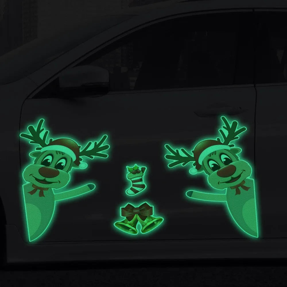 Cartoon Christmas elk bell design on a reflective magnetic luminous car bumper sticker.