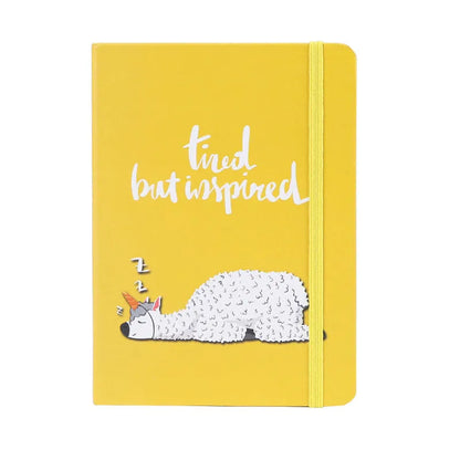 Alpaca cartoon design notebook in A5, A6, and A7 sizes showing yellow paper inside.