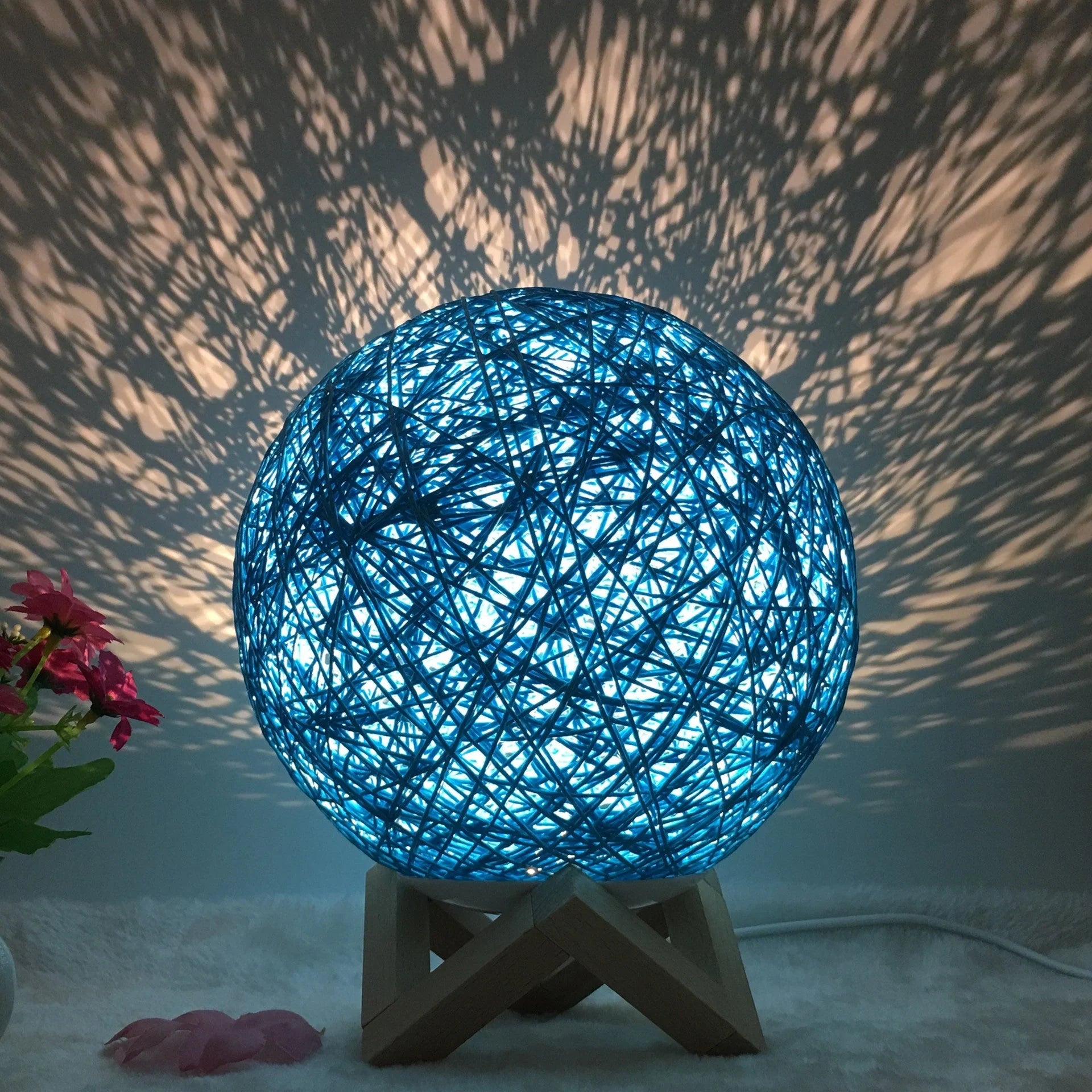 LED rattan table lamp with hand-knit linen shade in various colours