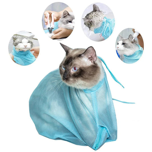 Adjustable polyester cat grooming bag with front zipper for easy access