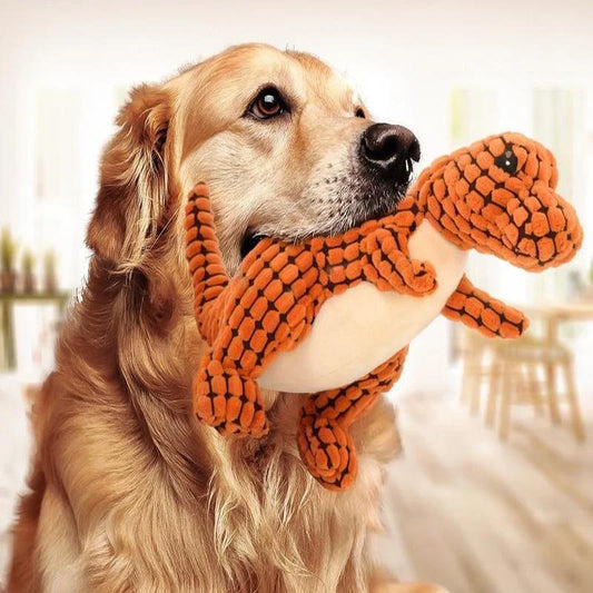 Durable dinosaur-shaped dog toys made of corn velvet and plush filling, available in multiple colors and sizes for large and small pets