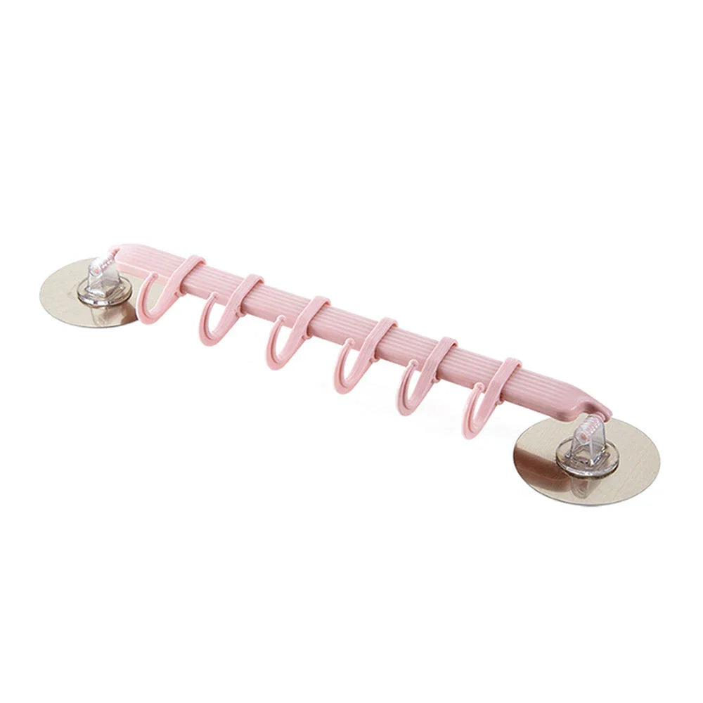 Sleek wall hook organizer with 6 movable hooks, made of durable PVC and ABS materials for easy, damage-free installation