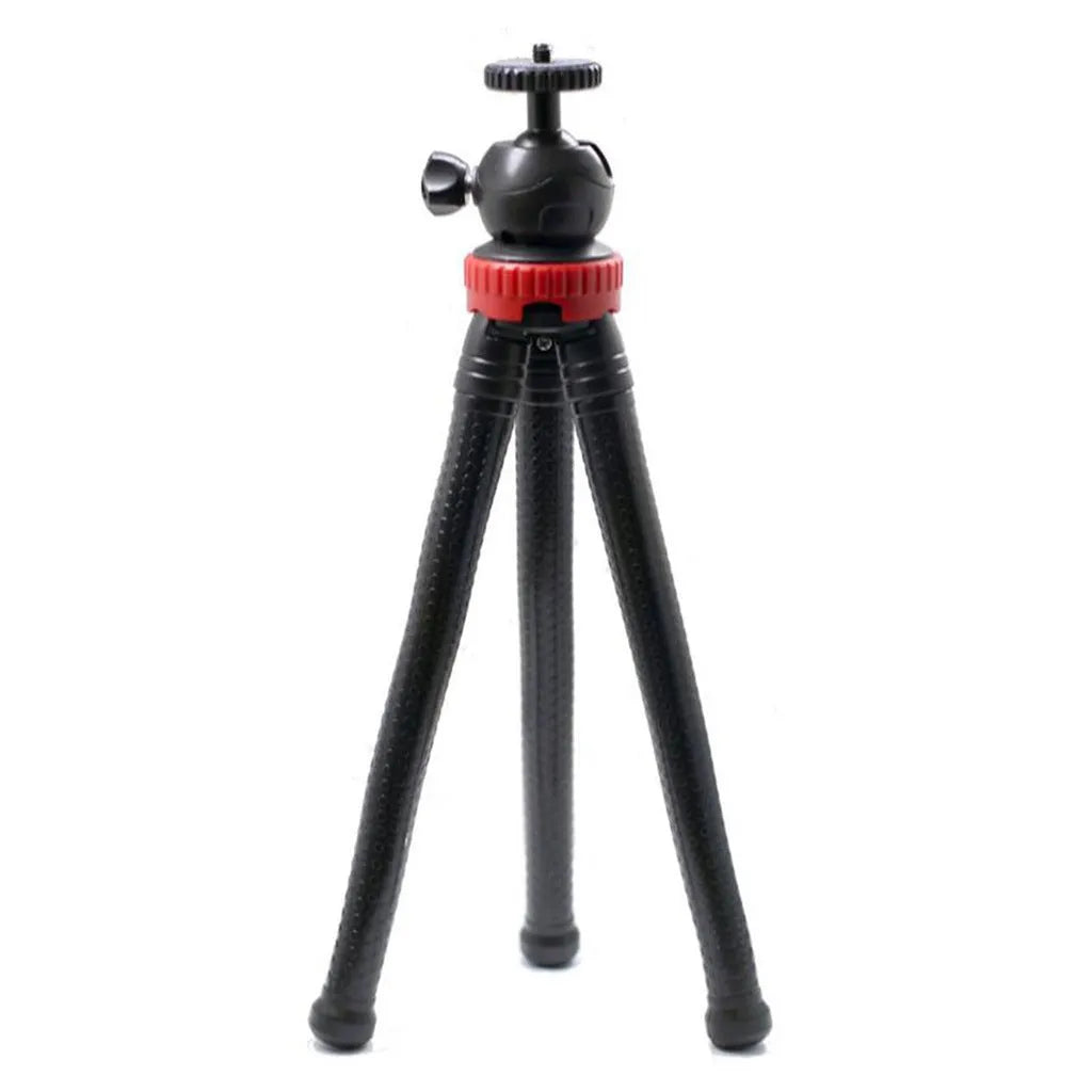 Black octopus tripod with flexible rubber legs wrapped around a pole, holding a smartphone.
