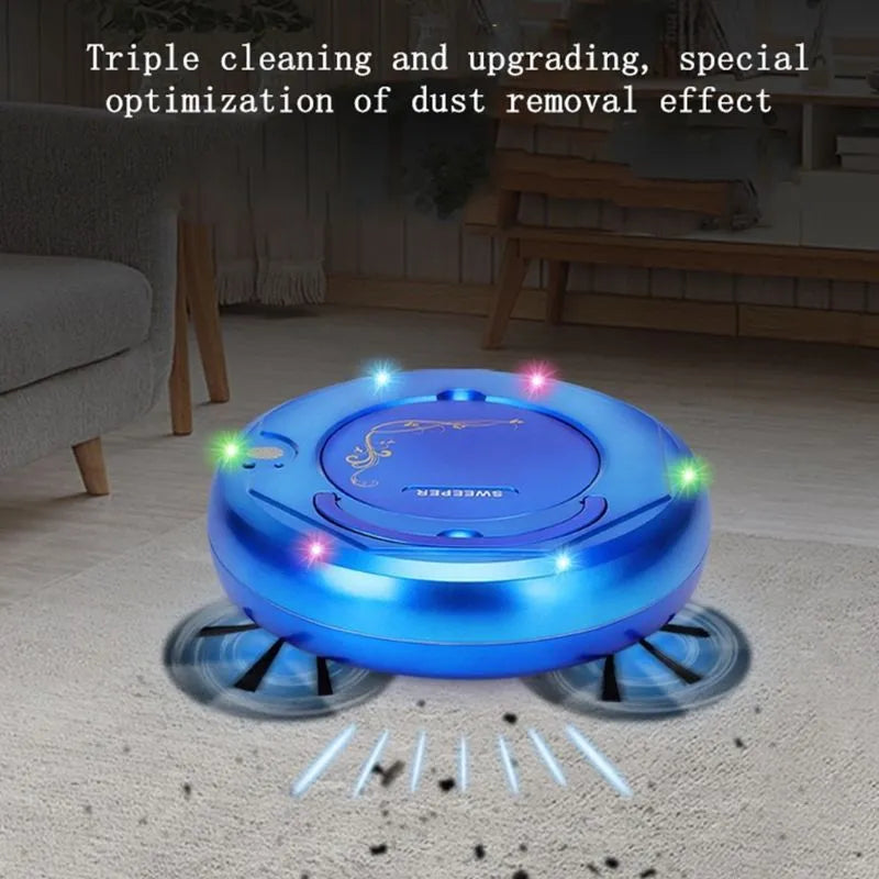 Blue floor sweeping robot vacuum cleaner on a wooden floor