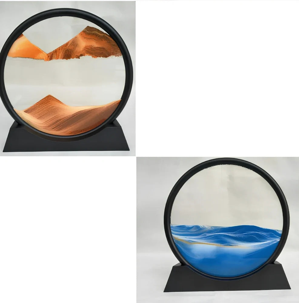 Glass quicksand painting with dynamic sand patterns in New Chinese abstract style, polished surface