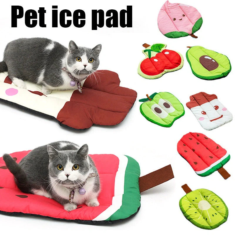 Ice silk pet cooling mat in various fruit designs for dogs and cats