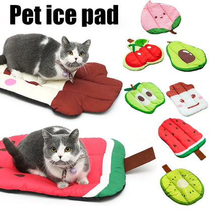 Ice silk pet cooling mat in various fruit designs for dogs and cats
