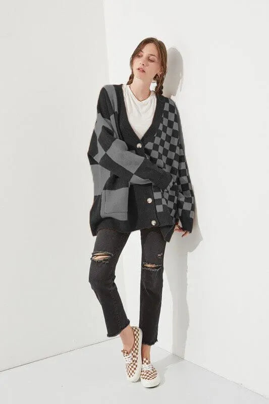 Loose fit knitwear cardigan with printed check pattern in wine red colour showing regular sleeves and slim styling