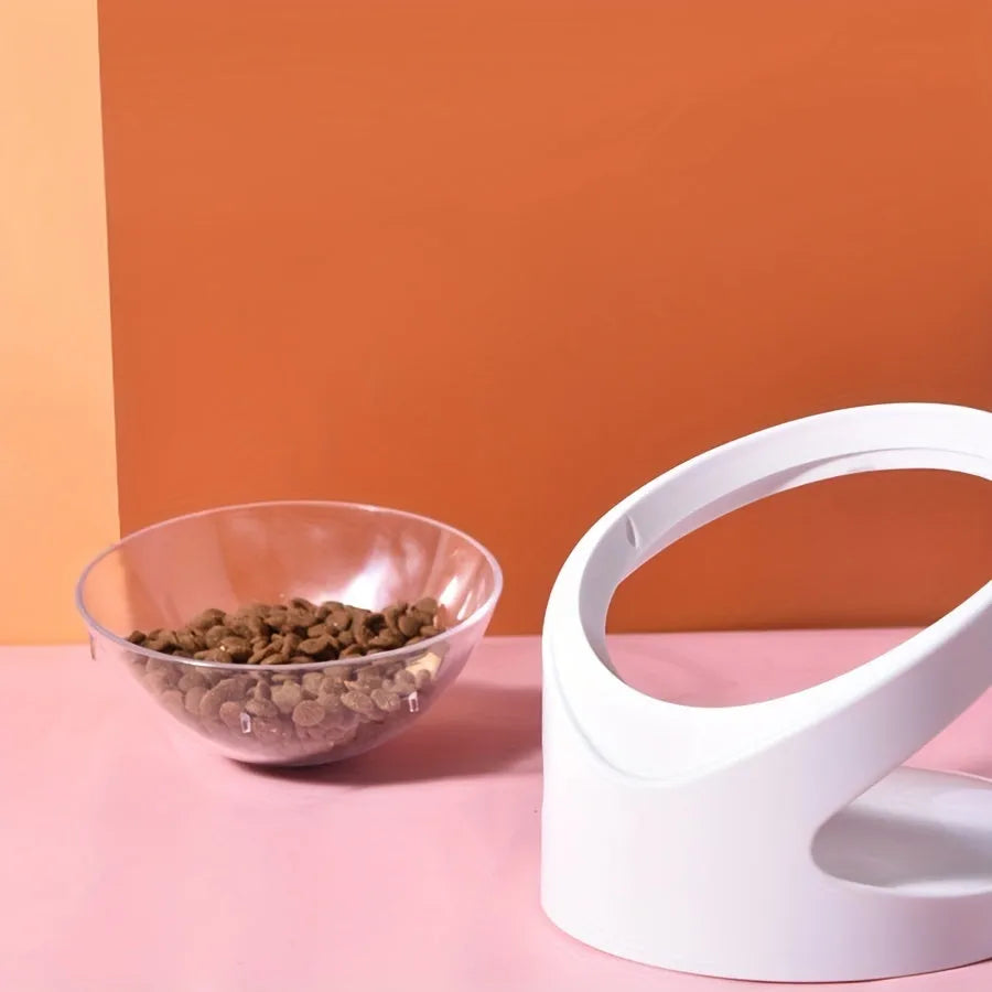 White elevated cat food bowl with tilt angle and neck support ridge