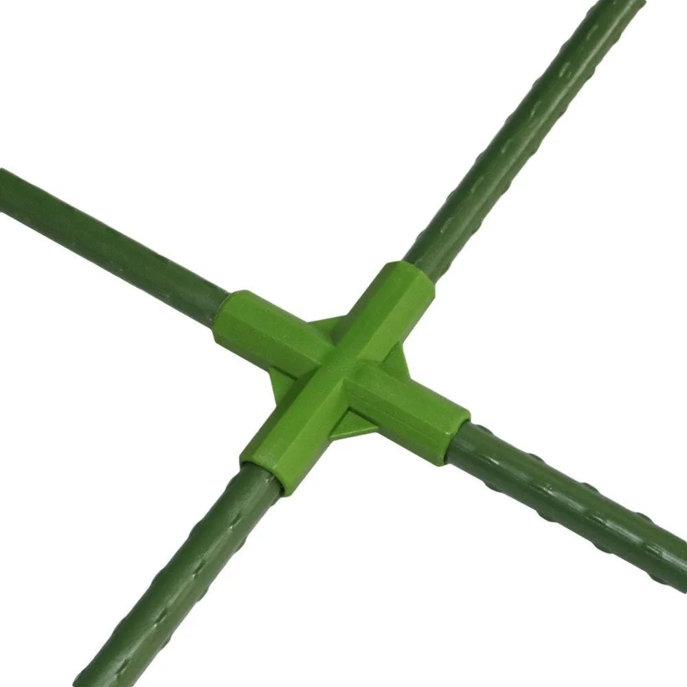 Two white plastic 3-way and 4-way connectors for joining 11mm garden poles to build plant support frames.