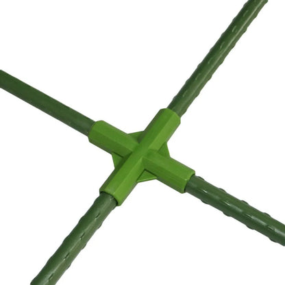 Two white plastic 3-way and 4-way connectors for joining 11mm garden poles to build plant support frames.
