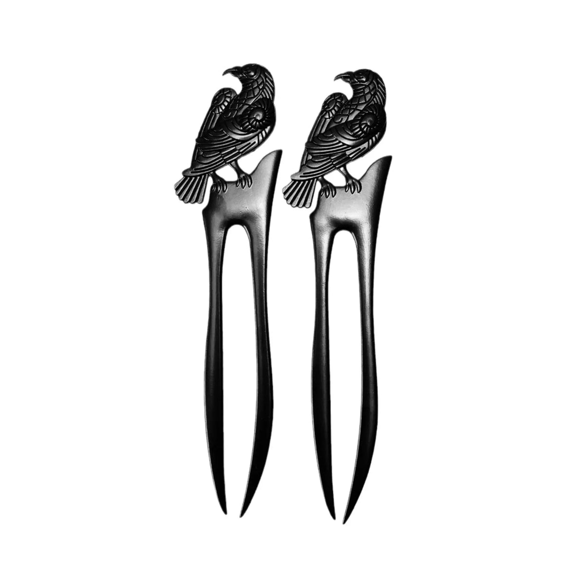 Black metal hairpin with double-sided crow carving, retro style, 16cm length