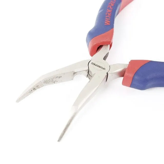 Blue double colour sleeve handle curved nose pliers with tapered jaws for precision work