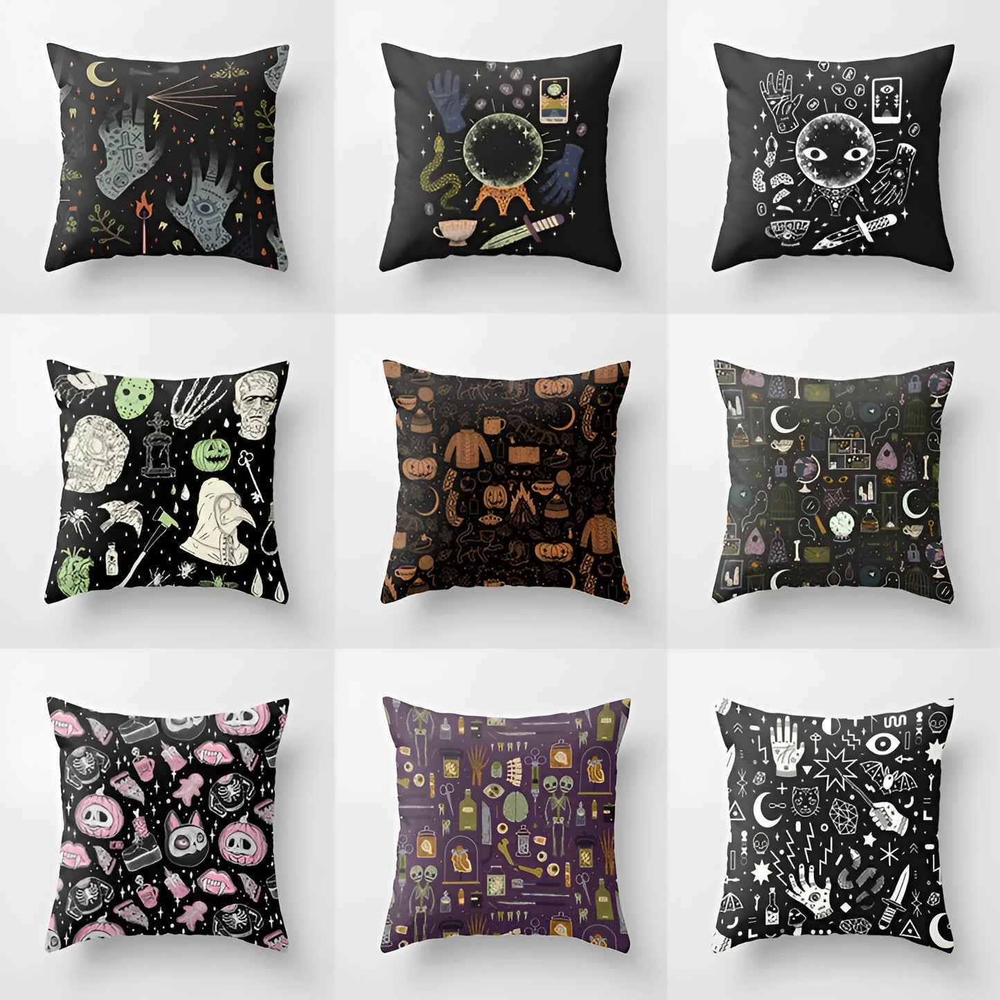 Halloween-themed cartoon print cushion cover on a sofa, 45x45 cm size.