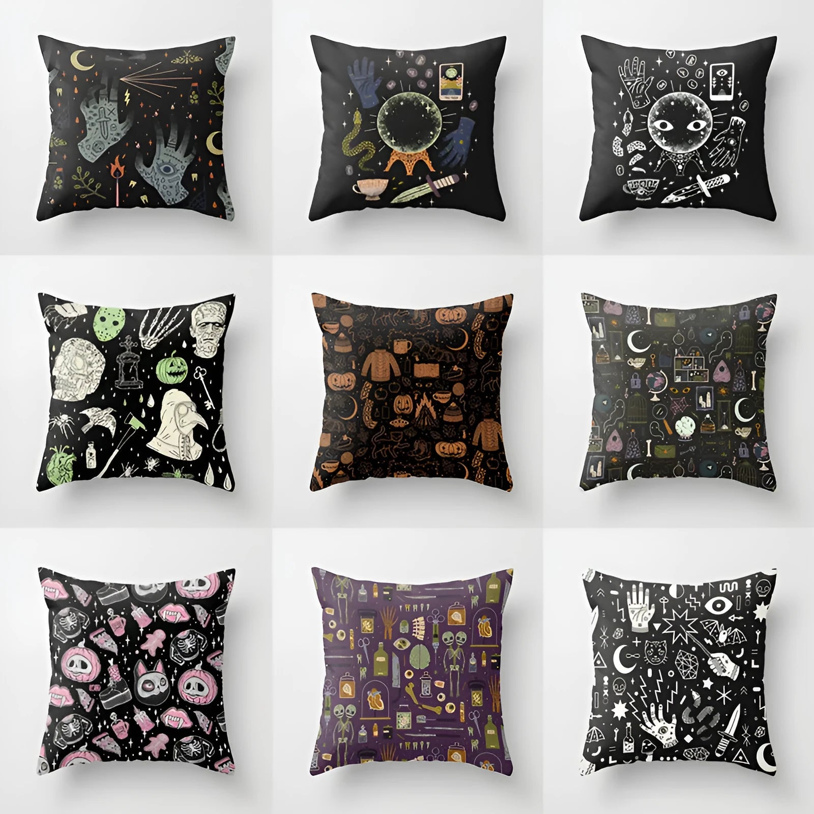 Halloween-themed cartoon print cushion cover on a sofa, 45x45 cm size.