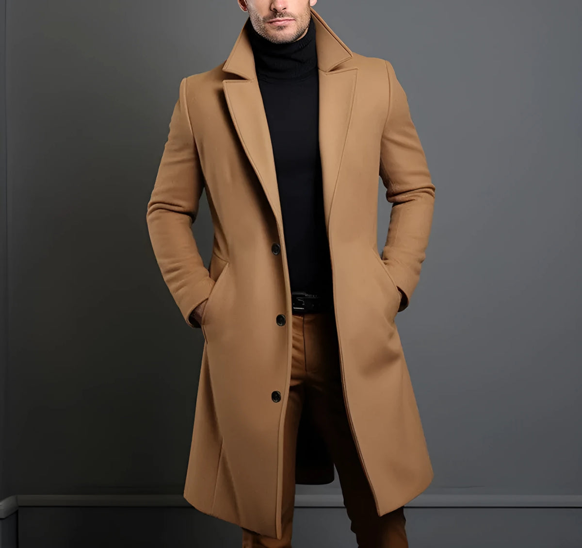 Men's mid-length woolen trench coat, British style, straight hem, embedded-line pockets, dark grey khaki black navy blue