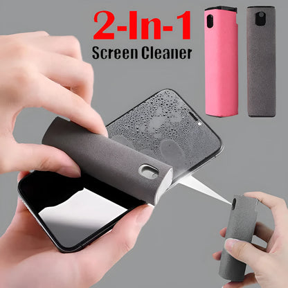 Portable all-in-one screen cleaner kit with protective shell, microfiber wipe, and internal fluid bottle.