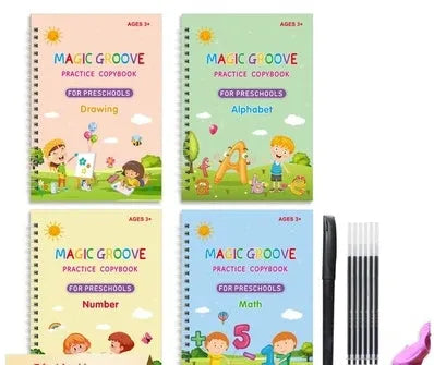 English children's handwriting practice copybook with groove design, pen, and ten refills