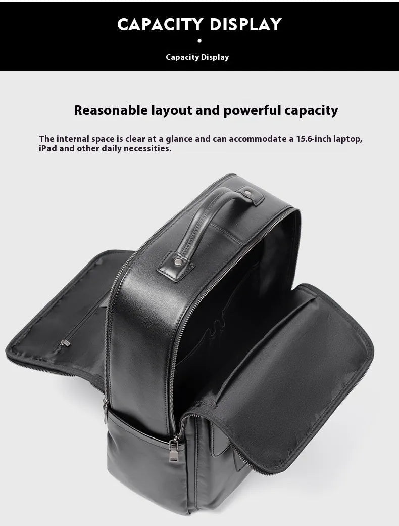 Men's large capacity leather computer backpack with curved back plate in black grain finish